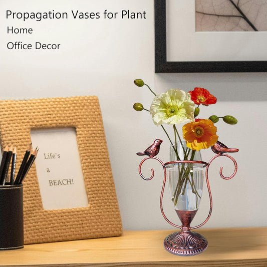 POXOH Vintage Glass Planter - Metal & Glass Propagation Vase with Dual Birds Art, Retro Indoor Planter for Hydroponic Plants, Office Desk Decor, Living Room Centerpiece