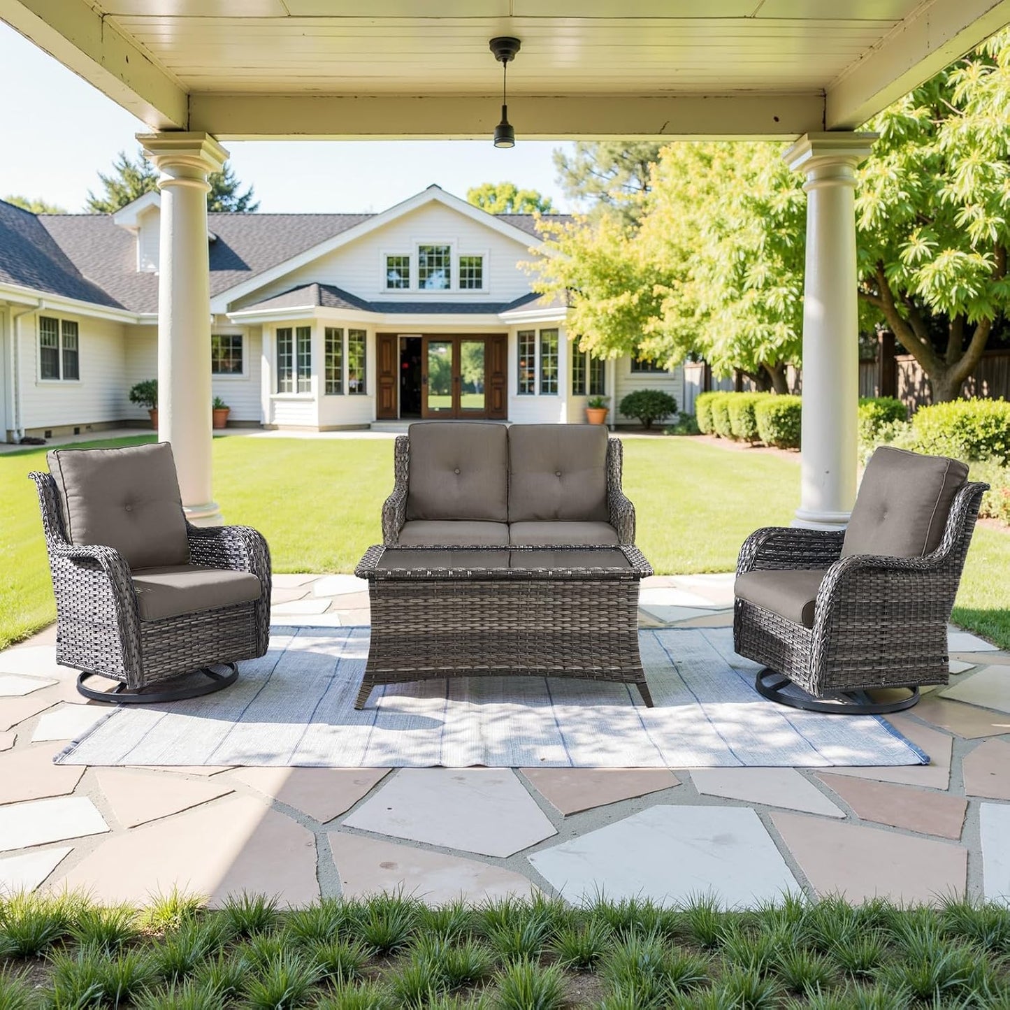 4 Piece Patio Furniture Set - Outdoor Glider Bench with Swivel Rocker Chairs and Coffee Table, High Back Small Outdoor Conversation Furniture Sets for Deck Sunroom Balcony Backyard