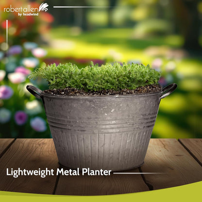 Headwind Round Galvanized Tub Planter with Handles – 10 Inch Lightweight Metal Planter with Drainage Hole – Galvanized Steel Tub for Plants - Metal Flower Pot by Robert Allen