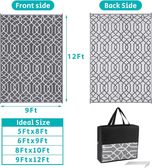 HEBE Outdoor Rug Waterproof 9x12, Reversible Plastic Straw Rug RV Camping Rug, Indoor Outdoor Patio Mat Clearance, Outside Carpet for Porch,Deck,Camper,Balcony,Backyard,Picnic