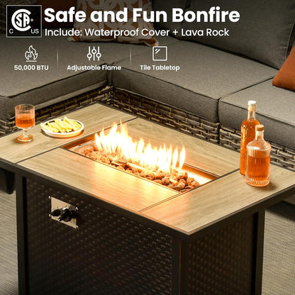 ovios 9 Pieces Patio Furniture Set Outdoor Sectional Sofa Couch with Fire Pit Table Rocking Swivel Chairs Deep Seat Chaise, Modern Modular Wicker Rattan Conversation Set, Dark Grey