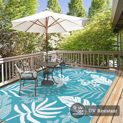 Pauwer Waterproof Outdoor Rug 5x8, Reversible Plastic Straw Patio Camping Rug, Indoor Outdoor RV Mat Carpet for Deck, Camper, Porch, Balcony, Backyard, Picnic, Floral Teal