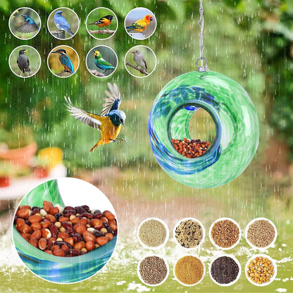 Yinns Glass Bird Feeders, Hanging Fly Through Birds Feeder for Outsiade, Solar Birdfeeder for Garden Decor Bird Lvoers Gifts, 8-Inch（Green）