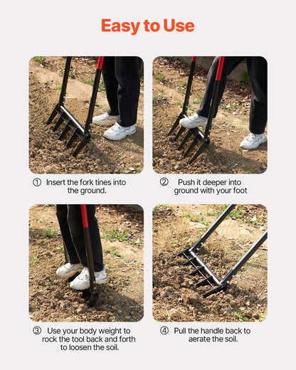 VEVOR Broad Fork, 5-Tine Pitchfork with Dual Fiberglass Handles, Heavy Duty Garden Fork, Ergonomic U-Shaped Design Broadfork Hand Tiller, Gardening Tool for Composting Transplanting Aeration