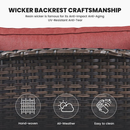 75Inch Outdoor Wicker Sofa - Standard 3 Seater with High Backrest, All Weather Rattan Patio Furniture for Balcony, Deck, Backyard, Brown Wicker/Red Cushion