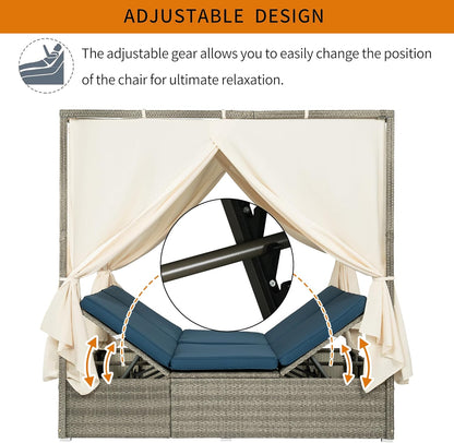 Patio Chaise Lounge,PE Rattan Outdoor Patio Wicker Adjustable Outdoor Sun Bed with Four-sided Canopy and Comfortable Blue Cushion – Versatile Use for Patio, Garden, and Poolside