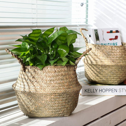 Qunclay Woven Seagrass Baskets Belly Basket Folding Boho Natural Plant Pot with Handles Round Decorative Wicker Large Indoor Planter for Home Outdoor Tree Planters Decor(9 x 11 Inch, 4 Pcs)