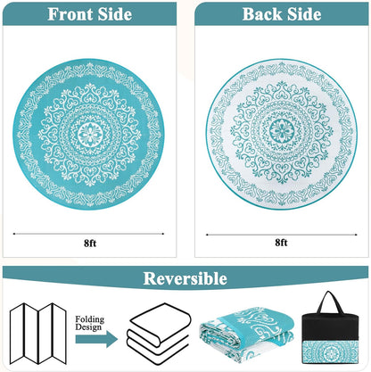 Pauwer Waterproof Outdoor Rug 8ft, Reversible Plastic Straw Patio Camping Rug, Indoor Outdoor RV Mat Carpet for Deck, Camper, Porch, Balcony, Backyard, Picnic, Floral Teal