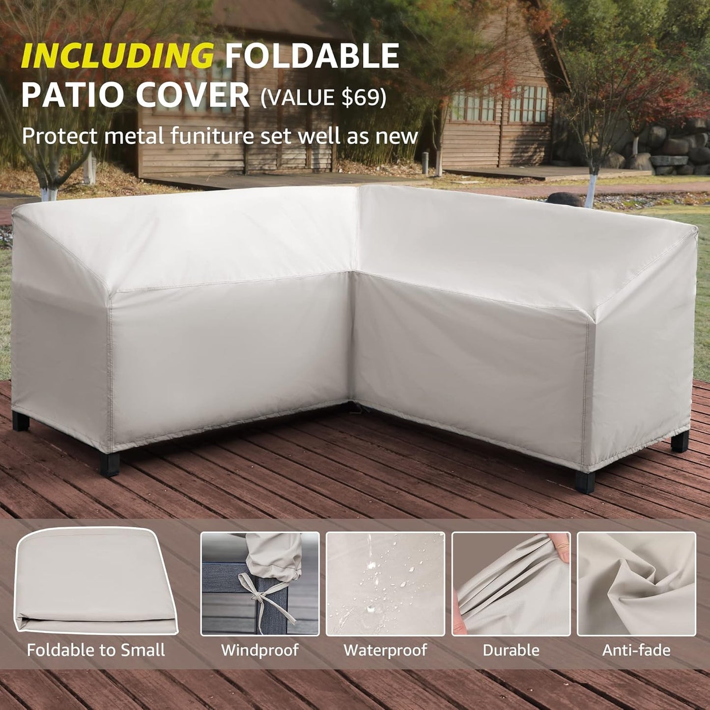 NATURAL EXPRESSIONS 6 Pieces Patio Furniture Sets,Outdoor Furniture Sets Metal Patio L Shape Sectional Couch Sofa Conversation Sets with 6.5" Shale Cushions,HighBack Hand-Brush Black Frame