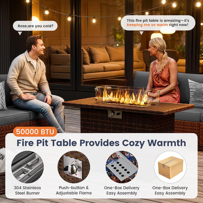 UDPATIO Patio Furniture Set with Fire Pit Table, 8 Inch Armrest Outdoor Sectional Sofa, 7 Piece Wicker Outdoor Furniture Conversation Sets with Waterproof Cover for Backyard Deck(Brown/Dark Grey)