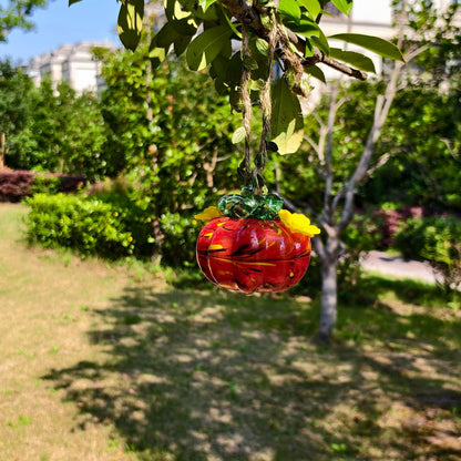 Small Glass Hummingbird Feeders for Outdoors Hanging - 2PC X Red Hand Blown Glass Pumpkin Nectar Feeding, 2 Flowers Feeding Ports, Decor for Garden/Backyard Outside