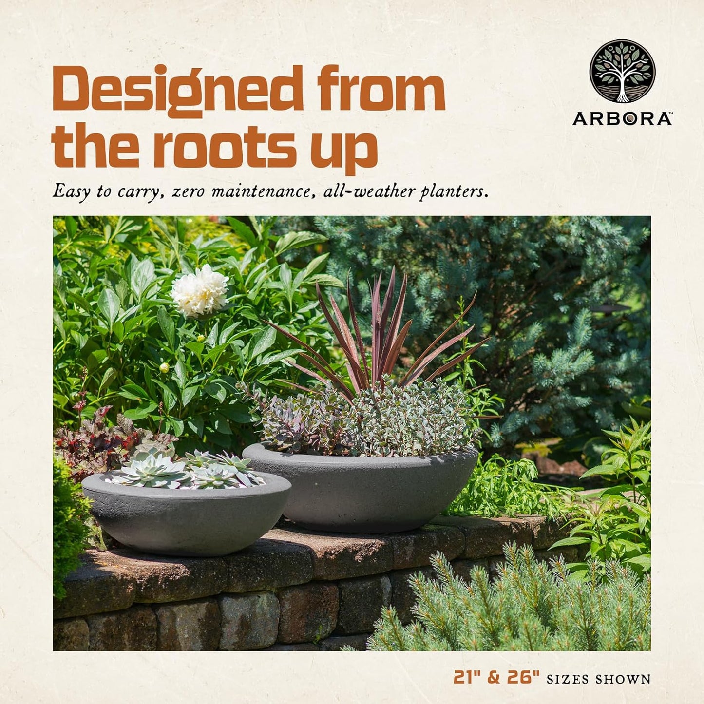 ARBORA 26" Santorini Bowl 2-Pack with Stone Blend Concrete Gray Finish - Polyresin Indoor and Outdoor Planters, Durable, Weatherproof, Lightweight, Large Plant Pots for Patio, Garden, Deck, Entryway