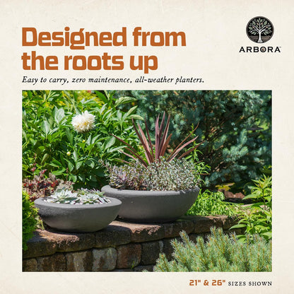 ARBORA 21" Santorini Bowl 2-Pack with Stone Blend Concrete Gray Finish - Polyresin Indoor and Outdoor Planters, Durable, Weatherproof, Lightweight, Large Plant Pots for Patio, Garden, Deck, Entryway