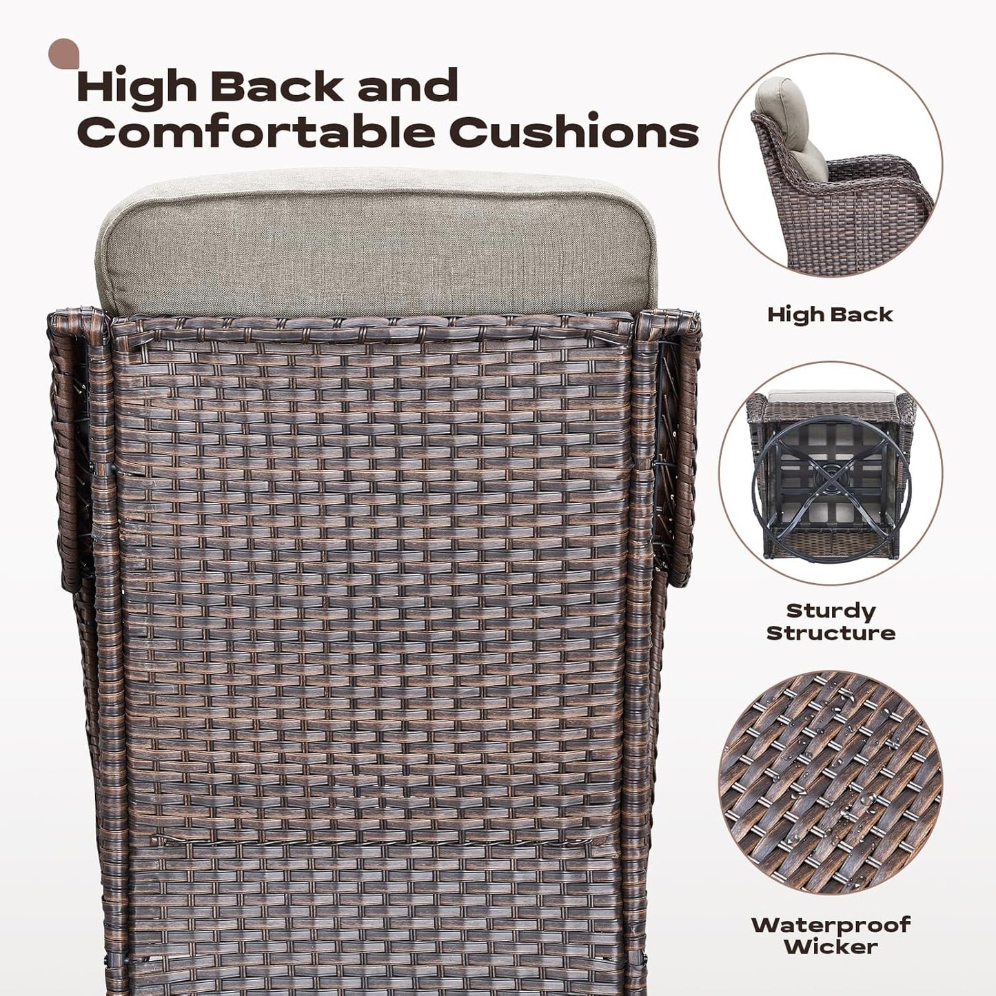 Outdoor Patio Swivel Rocker Chairs Set of 2, Waterproof Wicker, High Back, Deep Seating, Wide Armrest, Upgraded 6 inch Thick Cushions, Side Table, Ideal for Deck Porch Yard, Brown/Beige
