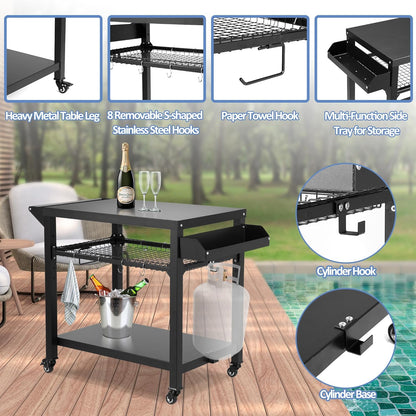 Spurgehom Grill Cart, Pizza Oven Stand Table with Wheels, Outdoor Movable Kitchen Cooking Prep Table BBQ Cart with Mesh Racks for Home Party, Bar, Camping