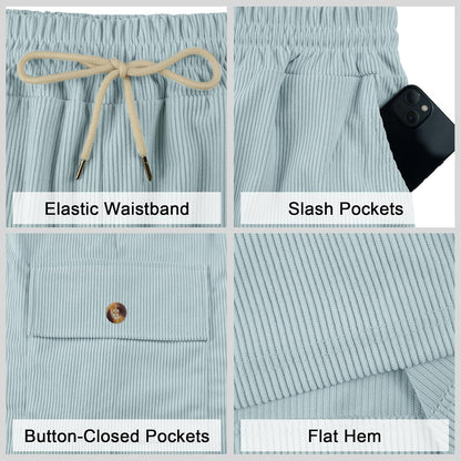 Mens Cargo Shorts Casual Drawstring Elastic Waist Corduroy Summer Beach Shorts with Pockets