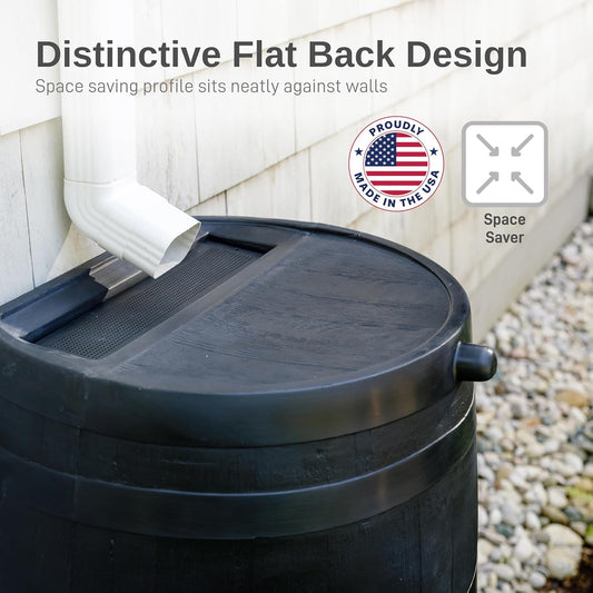 50-Gallon ECO Rain Barrel Made with 100% Recycled Plastic, Flat Back Rain Water Collection Barrel, Stand Included, Black