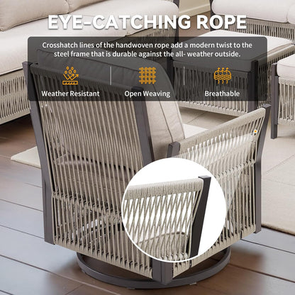 Patio Bistro Swivel Chair Set, 2 Pieces Swivel Wicker Chairs Porch Furniture Sets, All-Weather Rattan Rocking Outdoor Conversation Set for Porch, Deck, Poolside w/Cushion-Beige