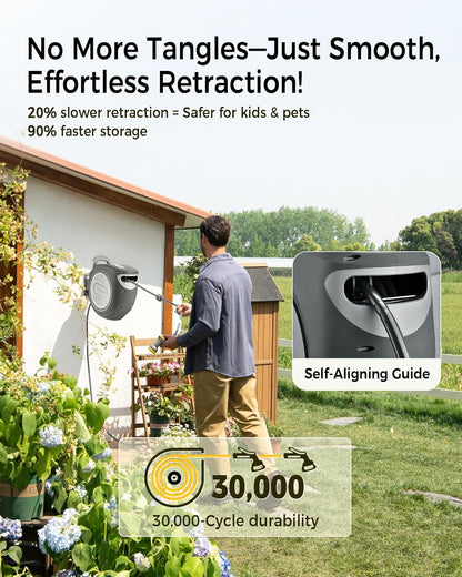 Retractable Garden Hose Reel 5/8 in x 100 ft Upgraded UV Resistant Heavy Duty Automatic Hose Reel Wall Mount 3/4 in Brass Fitting 9 Pattern Nozzle Any Length Lock Slow Retraction