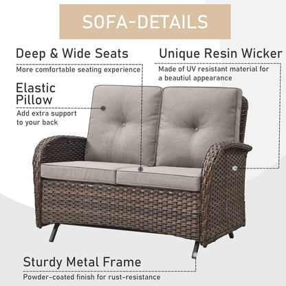 HUMMUH 7-Piece Patio Furniture Set with Fire Pit,Wicker Patio Glider Loveseat Outdoor Swivel Rocker Chairs with Ottomans for Backyard,Poolside,Deck