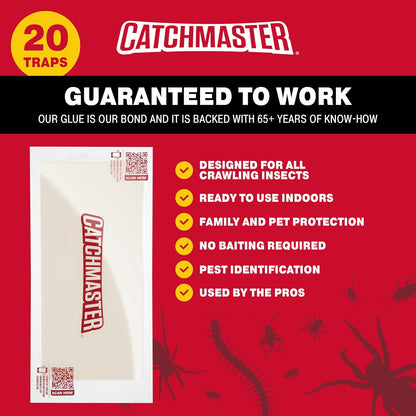 Catchmaster Crawling Insect Trap XL Giant Glue Traps 20-PK, Adhesive Bug Catcher, Spider, Cricket, Ant & Roach Traps for Home, Bulk Insect Glue Boards for House & Garage, Pest Control for Home