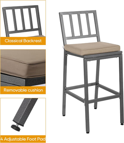 Outdoor Patio Bar Set, Bar Height Patio Dining Set, Weather-Resistant Bistro Counter Pub Set with Cushions & Slatted Tabletop for Backyard (Gray, 47" Table, 2 "I Style Stool)