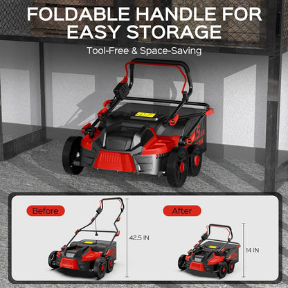 16-Inch 15.5 Amp 2-in-1 Electric Dethatcher and Scarifier with 14.5-Gallon Collection Bag, Lawn Dethatcher with 5-Position Adjustment, Quick-Fold, Keeps Lawn Healthy - Red