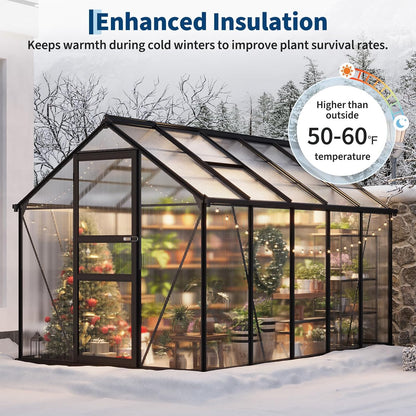 6x10FT Polycarbonate Greenhouse - Walk-in Outdoor Aluminum Frame Greenhouse with Roof Vent, Lockable Push Door for Garden, Backyard, Patio & Lawn(Black)