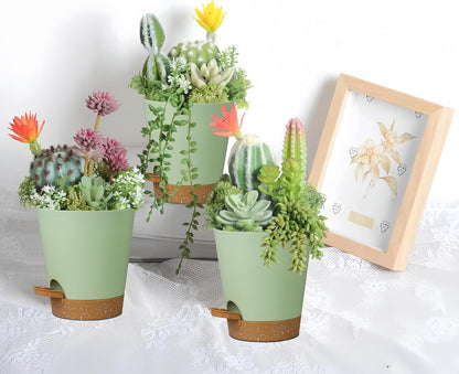 12 Pack 4 Inch Self Watering Plant Pots with Drainage and Saucers，Plastic Flower Pots for Indoor and Outdoor Plants, Nursery Planters for Houseplants and Herbs Green Brown, 4 inch 12pcs