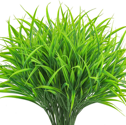 Ouddy Decor 16 Bundles Artificial Plants Outdoor Fake Grass Greenery Stems UV Resistant Faux Plastic Shrubs for Spring Summer Garden Pathway Window Box Front Porch Home Decor, Green
