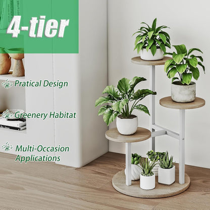 Plant Stand Indoor 4 Tier 5 Potted Multiple Flower Pot Holder for Patio Garden Balcony Living Room Corner (4 Tier White+Sonoma Oa)