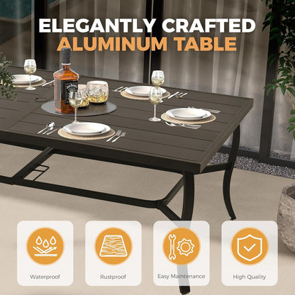 HAPPATIO Outdoor Dining Table for 8, Aluminum Rectangle Outdoor Dining Table with Umbrella Hole, All-Weather Aluminum Patio Dining Table for Garden Yard Poolside, Only Table, Black