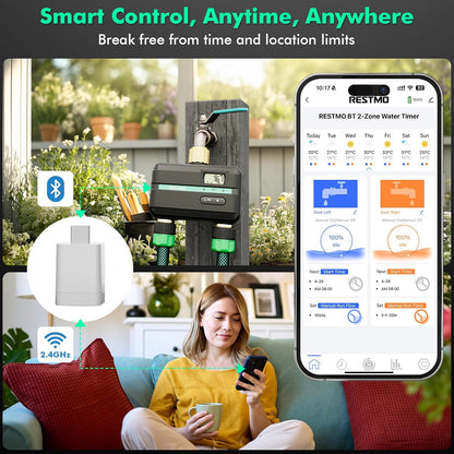 RESTMO Smart Sprinkler Timer with Flow Meter, 2 Zone Water Timer for Garden Hose, Brass Inlet & Outlet, Automatic Lawn & Yard Irrigation Watering System, APP Remote Control (2.4Ghz WiFi Connection)