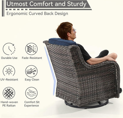 3 Pieces Outdoor Furniture Set - Patio Wicker Swivel Rocker Chair Set of 2 and 1 Side Table, Blue, Mixed Brown Rattan, Suitable for Porch, Yard