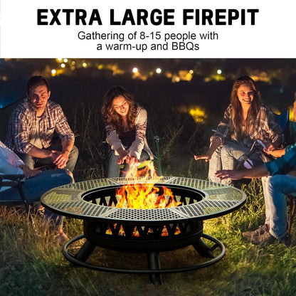 47 Inch Fire Pit with 2 Grills, Outdoor Extra Large Firepits for Outside, Wood Burning Fireplace for Camping,Picnic,Bonfire, 3-in-1 Round Metal Table with Lid for Backyard,Patio,Party