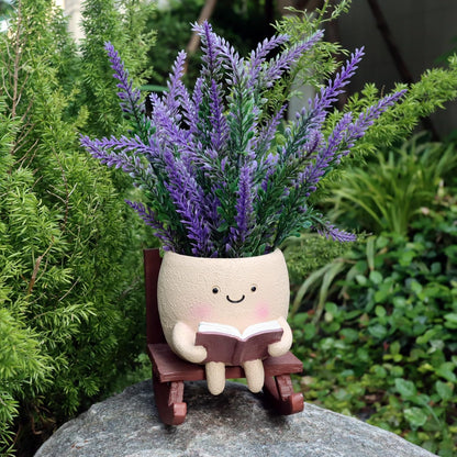 Cute Face Planters Succulent Pots, Funny Rocking Chair Reading Head Flower Planter Cactus Pot with Drainage Hole for Indoor Outdoor Plants, Unique Plant Lover Gifts