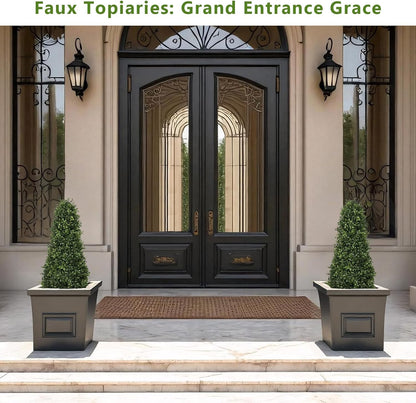 3ft Artificial Boxwood Topiary Trees (Set of 2) - UV Resistant Faux Plants Outdoor, Realistic 36" Fake Cone Bushes and Shrubs for Front Porch, Planter, Patio - Low Maintenance & Evergreen