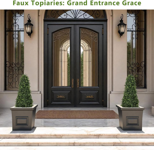 3ft Artificial Boxwood Topiary Trees (Set of 2) - UV Resistant Faux Plants Outdoor, Realistic 36" Fake Cone Bushes and Shrubs for Front Porch, Planter, Patio - Low Maintenance & Evergreen