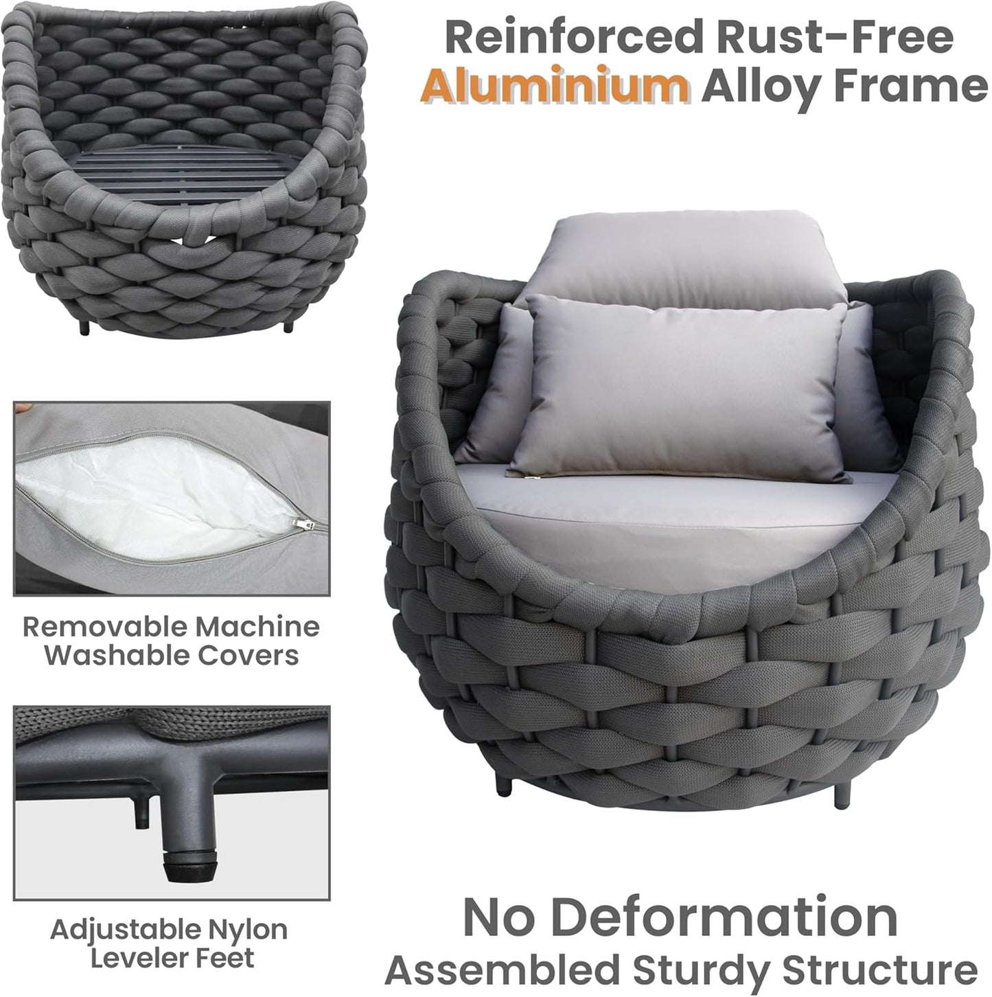 Metal Outdoor Conversation Sets: 6-Piece Aluminum Patio Furniture Set - Woven Rope Porch Sofa Set w/Coffee Table Cushions - Assembled Modern Lounge Couch for Deck Garden Yard Pool Hotel Resort
