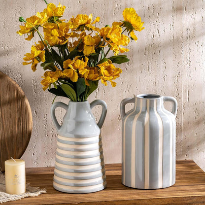 Ceramic Grey and White Checkered Stripes Vase with Handles, Hand-Painted Modern Minimalist Bohemian Floral Vases Home Decor, Cottage Core Decor, Flower Vase for Bouquet Mantle Kitchen Bookshelf 9.1 In