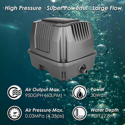 Powerful Linear Air Pump, KP-60 Pond Air Pump Pond Aerator, 950GPH Aeration System for Koi Pond Aeration, Aquarium, Waste Treatment, Fish Farm, Seafood Restaurant