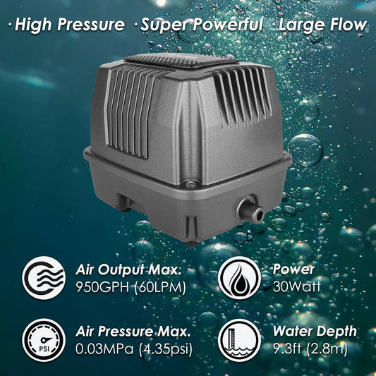 Powerful Linear Air Pump, KP-60 Pond Air Pump Pond Aerator, 950GPH Aeration System for Koi Pond Aeration, Aquarium, Waste Treatment, Fish Farm, Seafood Restaurant