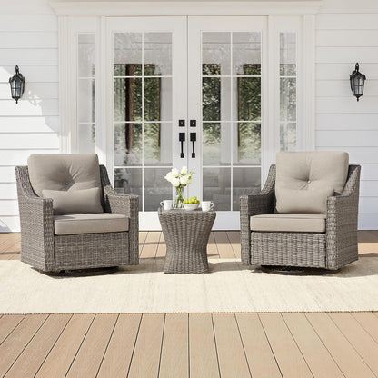 CHITA 3 Pieces Wicker Patio Bistro Set, Outdoor Furniture Set with 2 Pieces Rattan Rocking Swivel Chairs, Thickened Cushions and Side Table