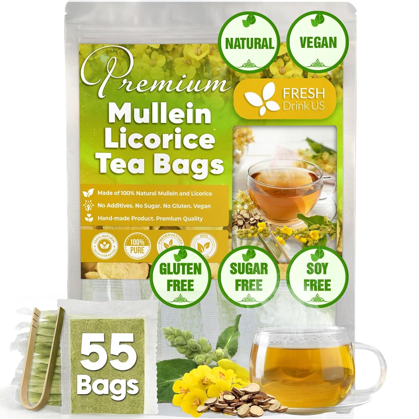 FreshDrinkUS, Premium 55 Mullein Licorice Tea Bags, 100% Natural, Blend of Mullein Leaves, and Licorice Root. Made with Natural Material Tea Bags. No Sugar, Vegan.