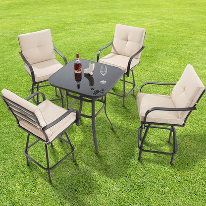 Patio Swivel Bar Stools, Outdoor High Back Swivel Bar Chair Set of 4 with Cushion & All Weather Steel Frame for Backyard, Lawn, Poolside and Balcony, Beige