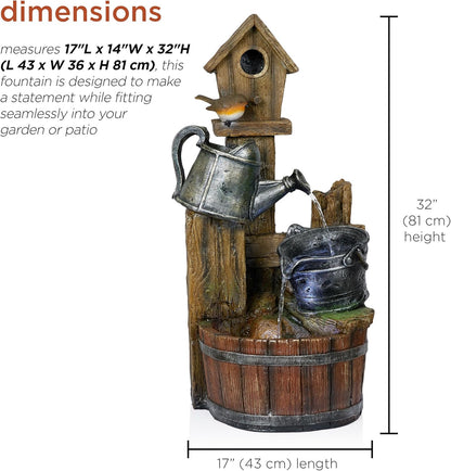 Alpine Corporation TZL280 Watering Can Barrel Birdhouse Fountain w/White LED Lights, Stylish Décor for Garden & Patio, 32" H