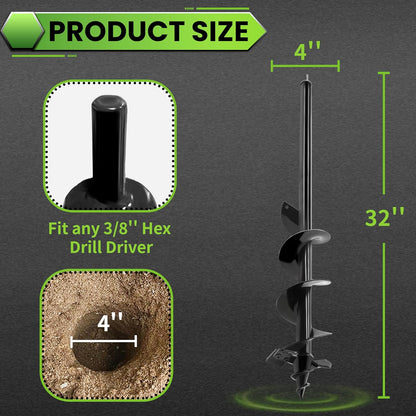 SYITCUN Auger Drill Bit for Planting - 4"X32" Heavy-Duty Post Hole Auger - Auger Post Hole Digger for Fence- 3/8" Hex Drive Drill