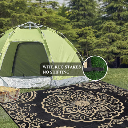 Pauwer Waterproof Outdoor Rug 6x9, Reversible Plastic Straw Patio Camping Rug, Indoor Outdoor RV Mat Carpet for Deck, Camper, Porch, Balcony, Backyard, Picnic, Boho Black Brown