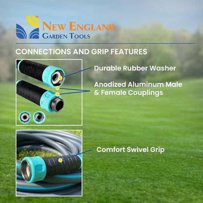 Hybrid Garden Water Hose 25 ft x 5/8”, Durable Heavy Duty Material, Kink-Free with Swivel Grips and Anodized Couplings, 700004 by New England Garden Tools