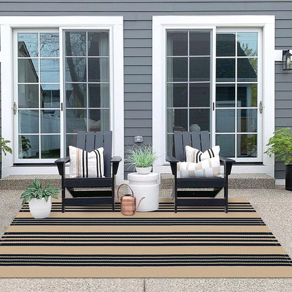 IOHOUZE Black and Tan Striped Rug 4'x6' Front Door Rugs Outdoor, Washable Area Rug for Double Front Porch, Large Patio Rug Outdoor Indoor, Doormat for Entryway Porch Entrance